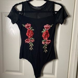 Black & mesh embroidered floral bodysuit